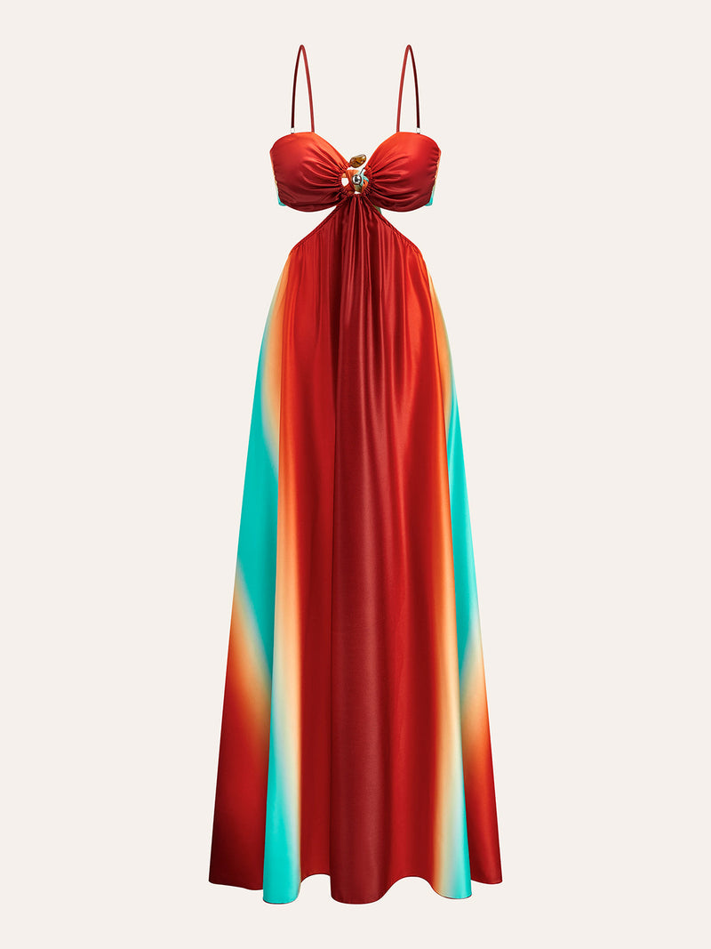 Vestido de Cetim com Recorte na Cintura e Degradê